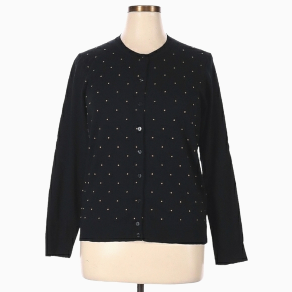 Karen Scott Cardigan‎ Sweater Size XL Black Tan Polka Dots Button Front Modest